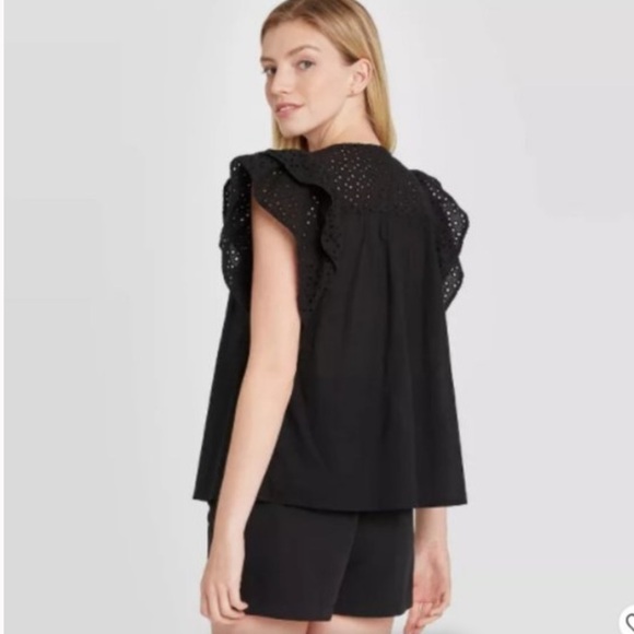 NWT A New Day Short Sleeve Eyelet Top Black - Picture 2 of 8